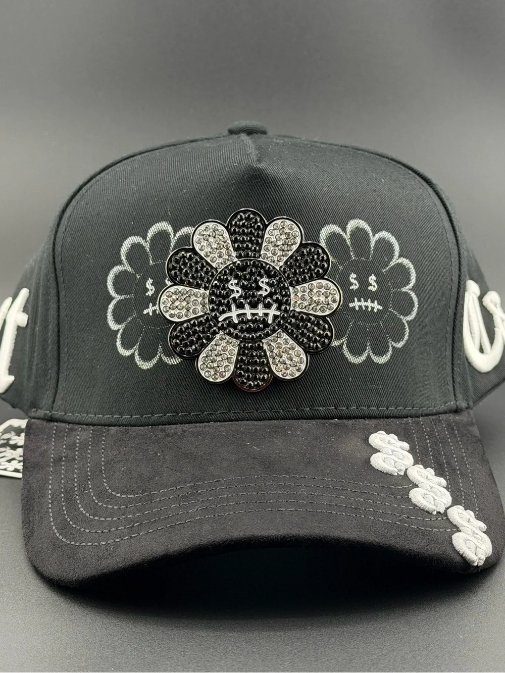 Black Crystal Flower Embellished Baseball Cap - Designer Style